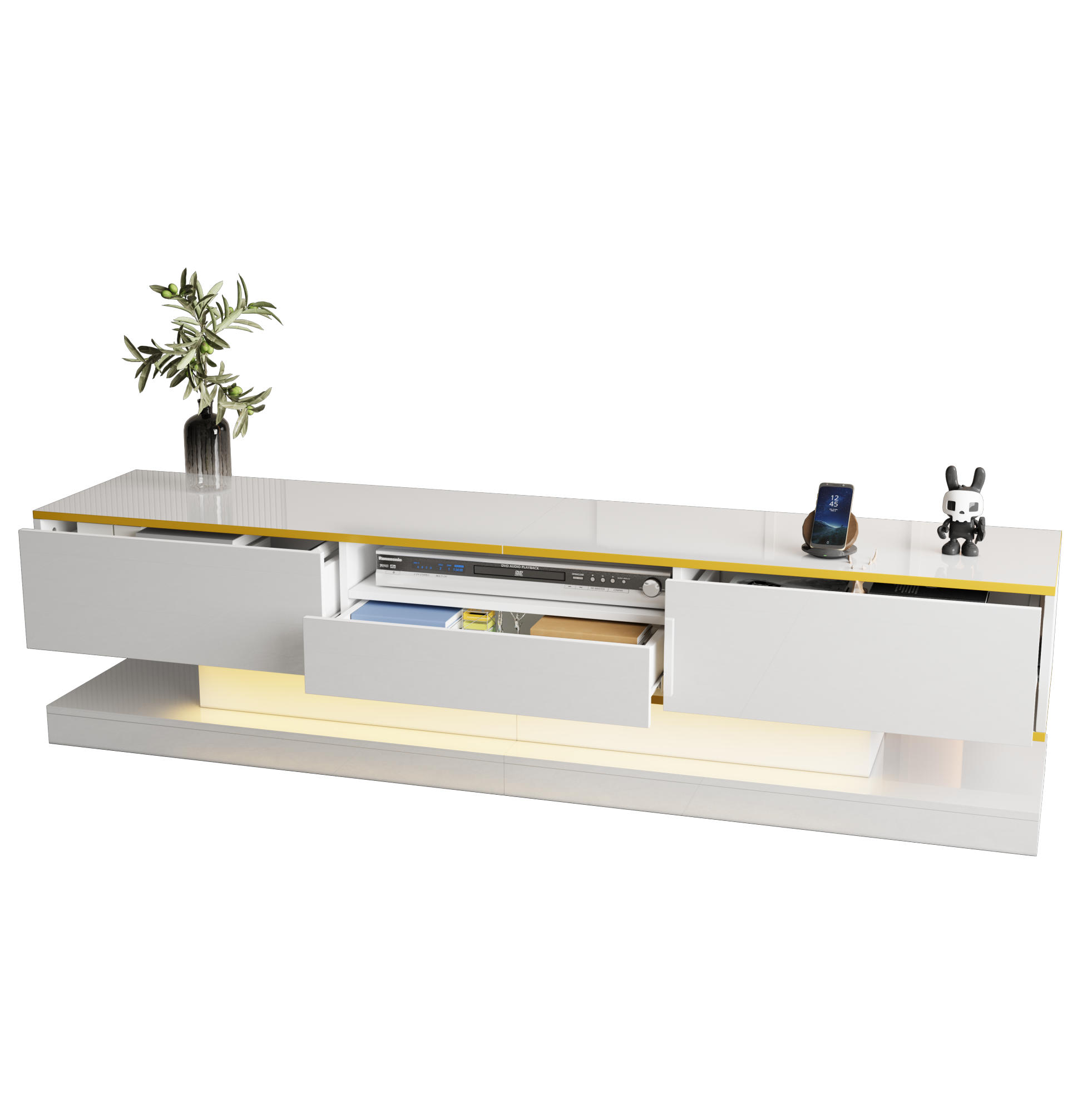 LOWBOARD 180/38/45 cm in Weiß mit Gold aus Holzwerkstoff mit LED-Beleuchtung - Weiß, Holzwerkstoff (38/45/180cm) - OKMYHOME