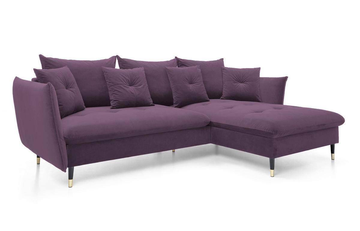 ECKSOFA GLAM mit Schlaffunktion, Ottomane & goldenen Füßen – Samtsofa im Glamour-Stil mit Zierkissen, 258x167x91 cm, rechte, lila​ - Lila, Holz/Textil (258/167cm) - DomoHome
