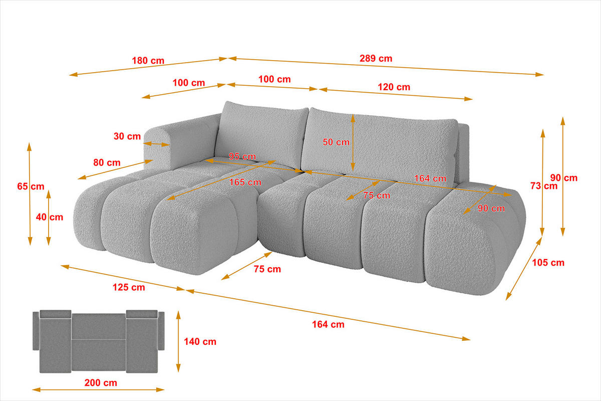 ECKSOFA Ottomane Links CLOUD-L 289x180x40 Hellgrau Bouclé - Hellgrau, Holzwerkstoff/Kunststoff (180/289cm) - ALTDECOR