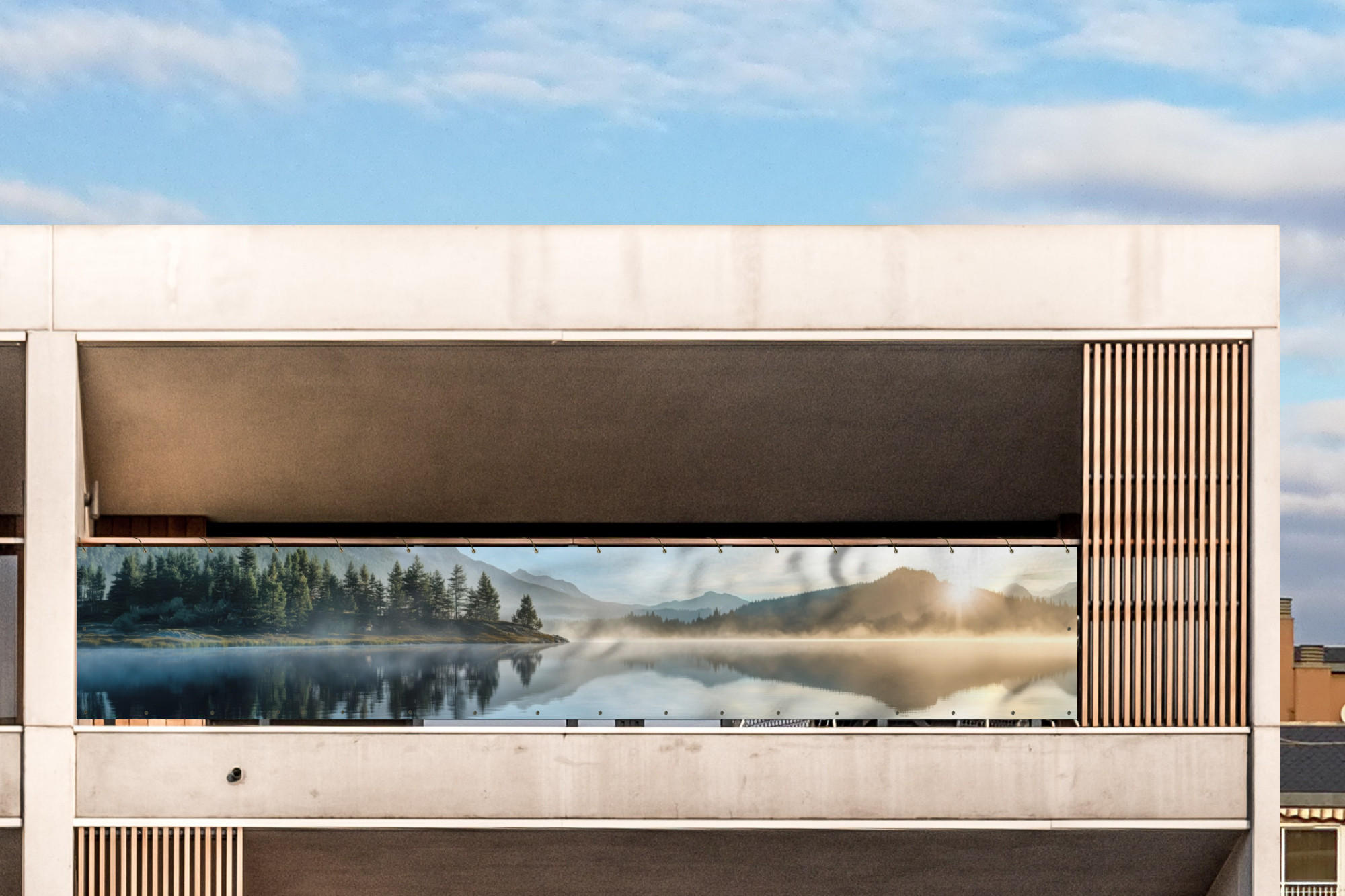 BALKON-SICHTSCHUTZ See - Nebel - Berge - Landschaft - Hellblau, Kunststoff (500/85cm) - MuchoWow