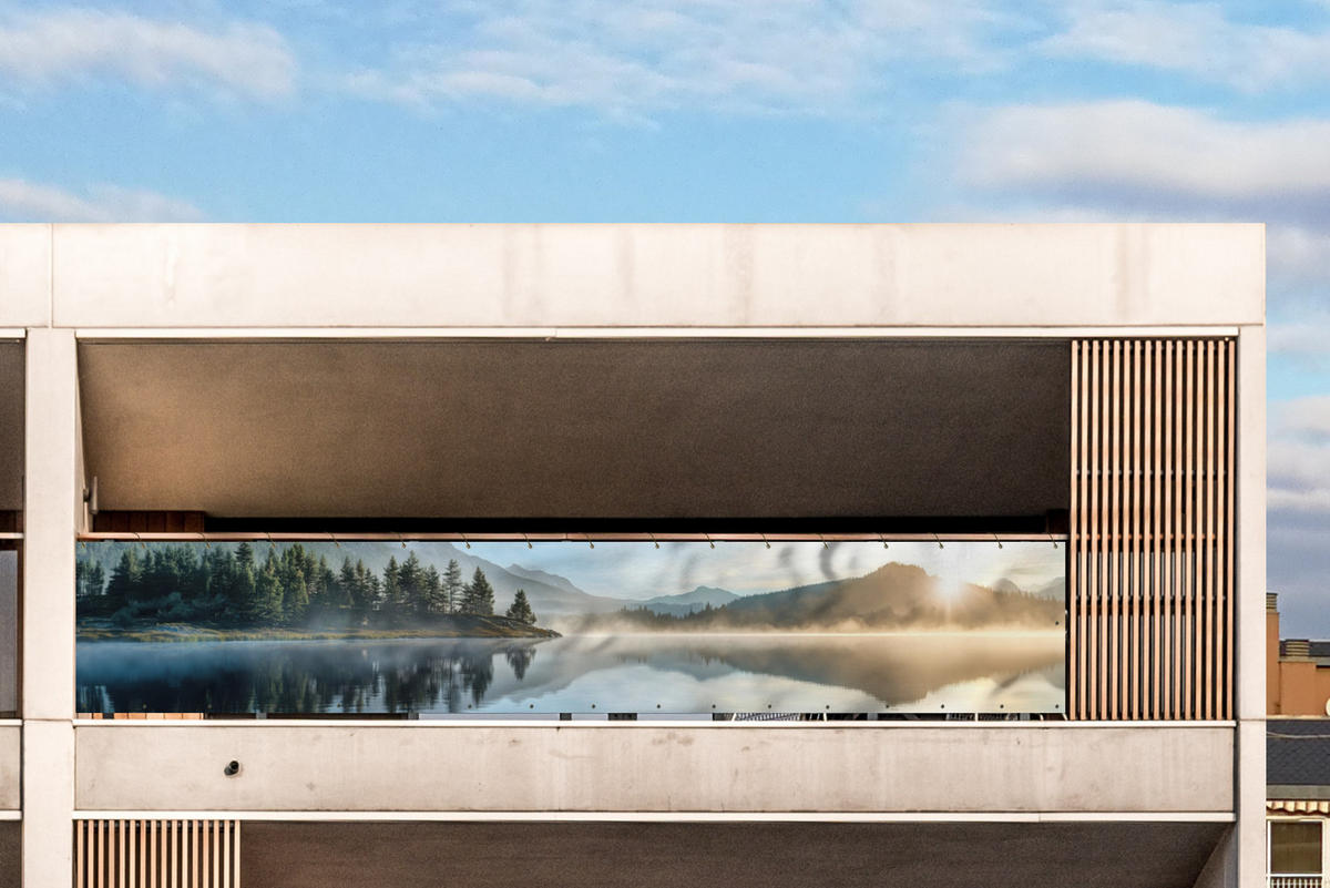 BALKON-SICHTSCHUTZ See - Nebel - Berge - Landschaft - Hellblau, Kunststoff (500/85cm) - MuchoWow