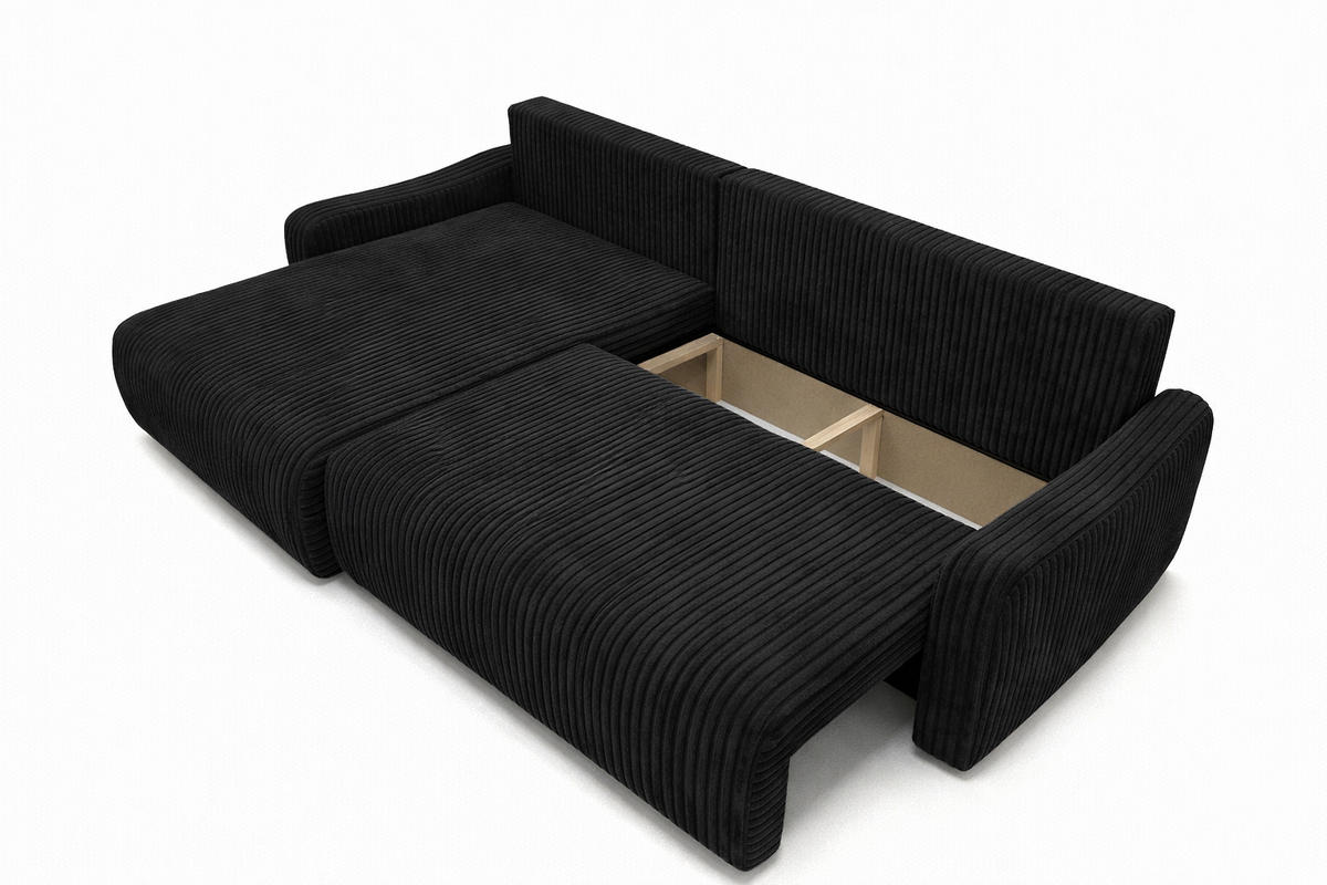 ECKSOFA Mit Schlaffunktion, Cordstoff Tilia, Schwarz, Links, JAPANDI - Schwarz, Holz (262/145cm) - Kaiser Möbel