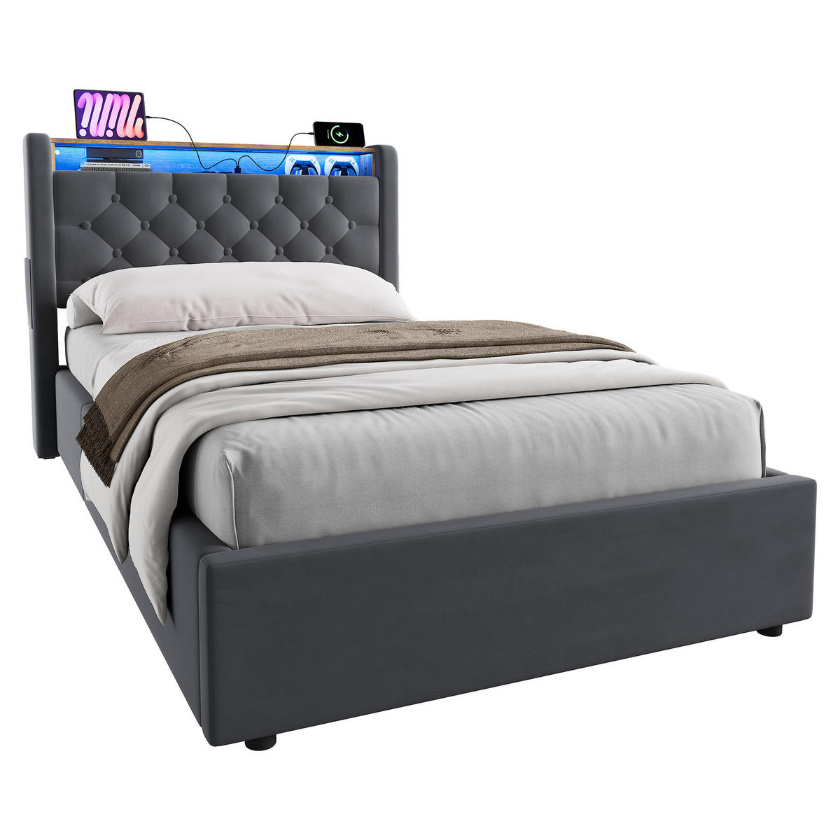 POLSTERBETT 90/200 cm in Dunkelgrau Samt mit Bettkasten, LED-Beleuchtung und USB-Anschluss - Dunkelgrau, Holzwerkstoff/Textil (90/200cm) - CHICFURN