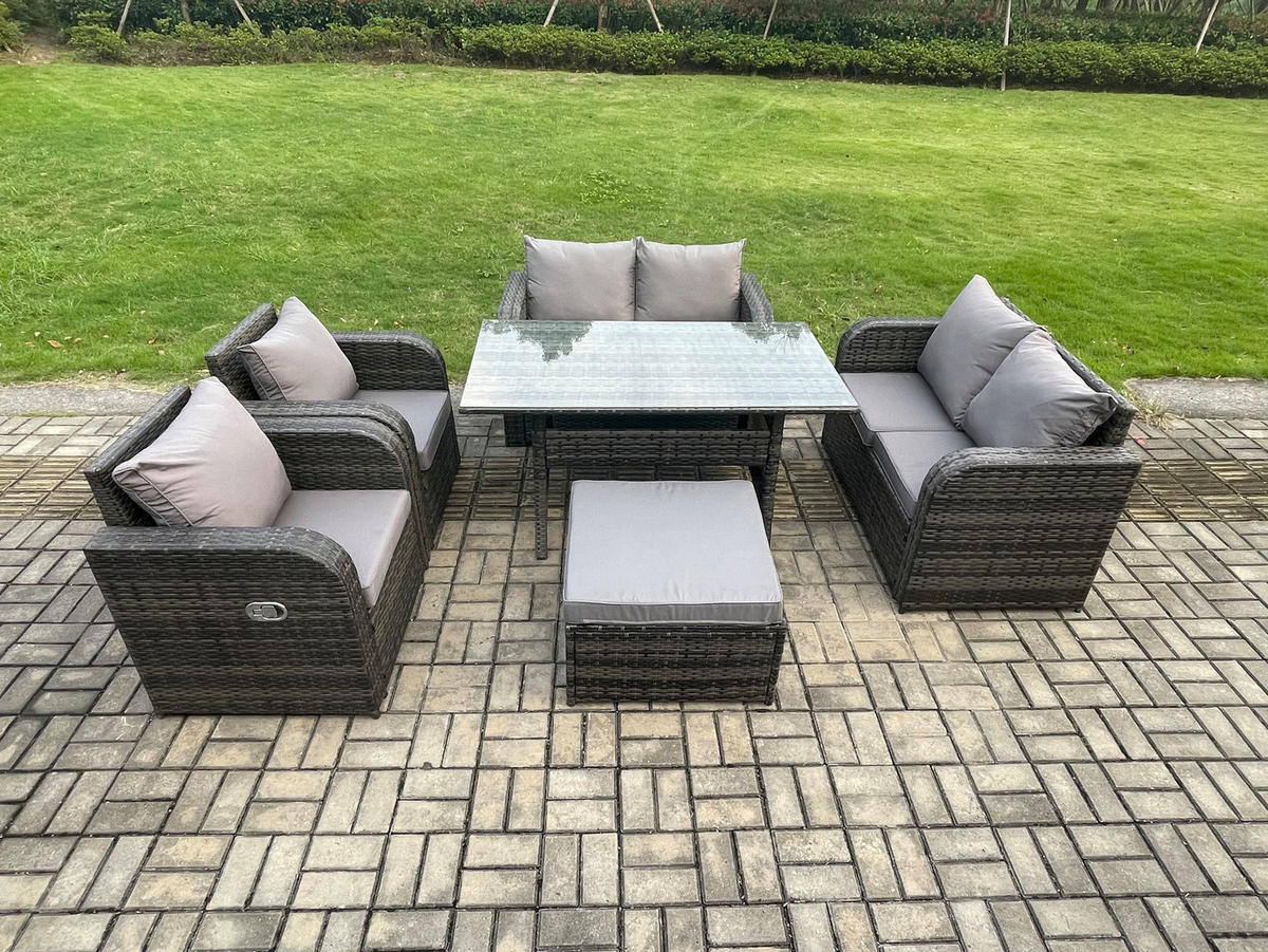 GARTENSET mit Zweisitzer,Hocker,Esstisch Polyrattan 7-Sitzer - Dunkelgrau/Grau, Glas/Kunststoff - Fimous