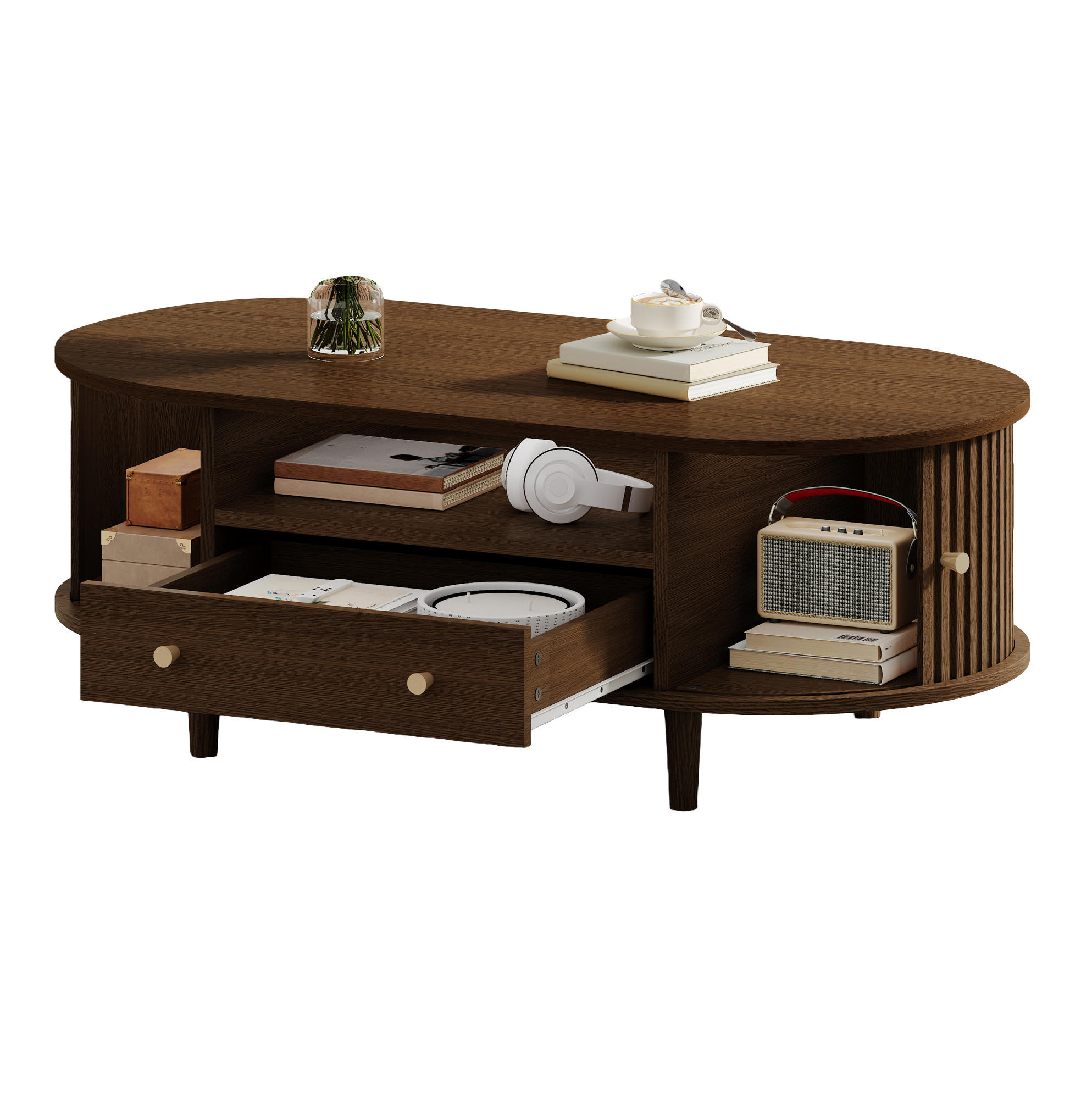 COUCHTISCH 100/50/36 cm mit Schublade, offener Ablage und Rolltür aus MDF, Walnuss - Nussbaumfarben, Holzwerkstoff (100/50/36cm) - Redom