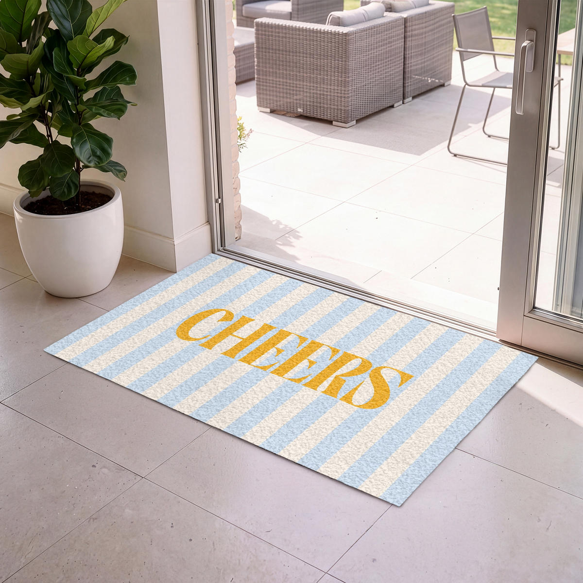 FUSSMATTE Orange – Blau – Streifen – Cheers 120x80 cm - Hellblau, Kunststoff (120/0.4cm) - MuchoWow