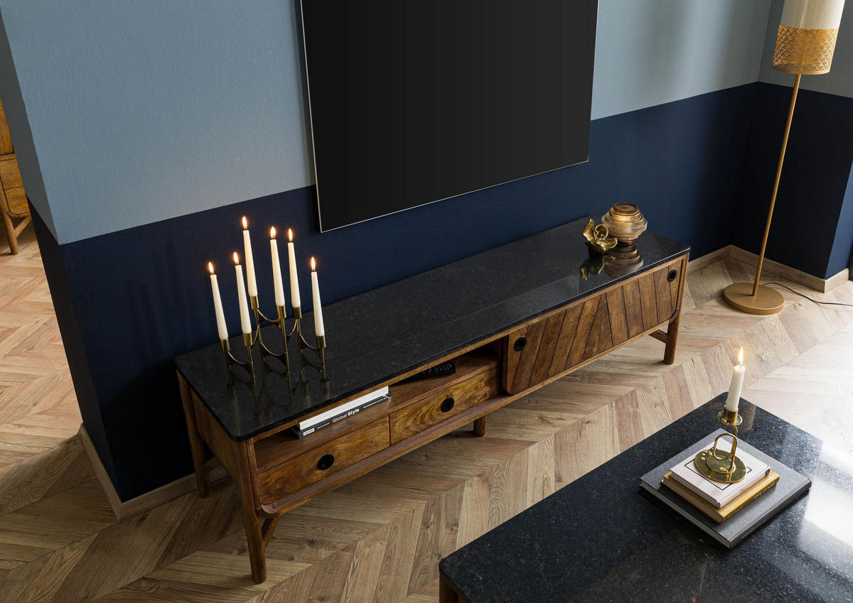 TV-BOARD Mango 180x45x50 braun geölt / dunkler Granit LOS ANGELES #102 - Braun, Holz (180/50/45cm) - Massivmoebel24