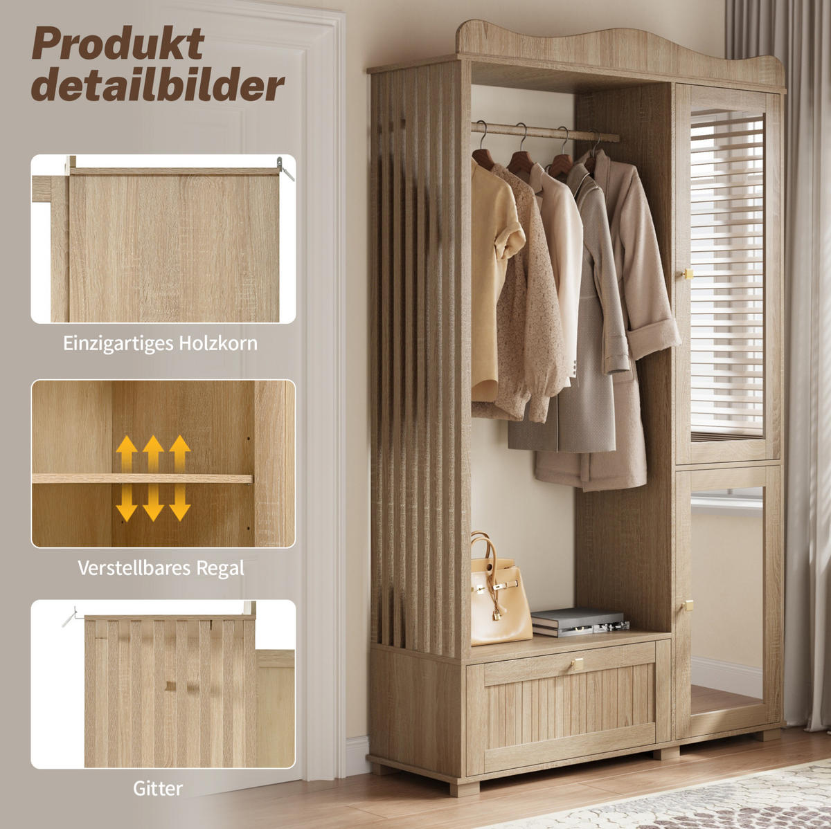 ŠATNÍ skříň 115,5/38,5/194,5 cm dubová z MDF s otevřeným věšákem a zrcadlem - barva dubu, kompozitní dřevo (115.5/194.5/38.5cm) - OKWISH