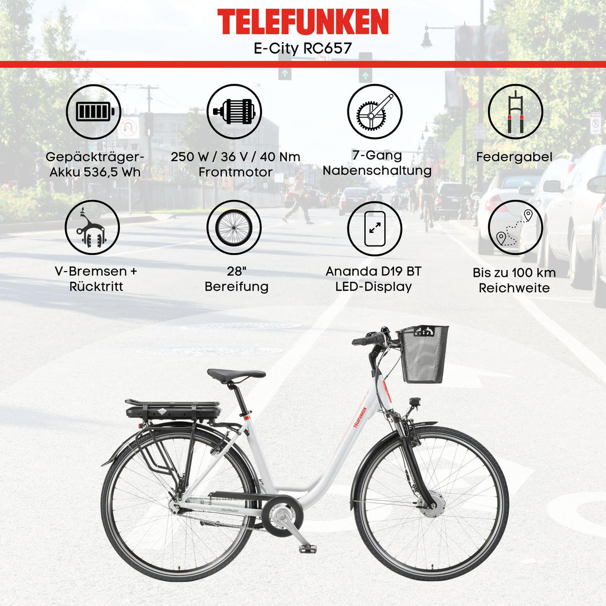 E-BIKE Cityrad Multitalent RC657 28 Zoll Elektrofahrrad 536,5 Wh Frontmotor 7-Gang-Kettenschaltung - Weiß, Metall (110cm) - Telefunken