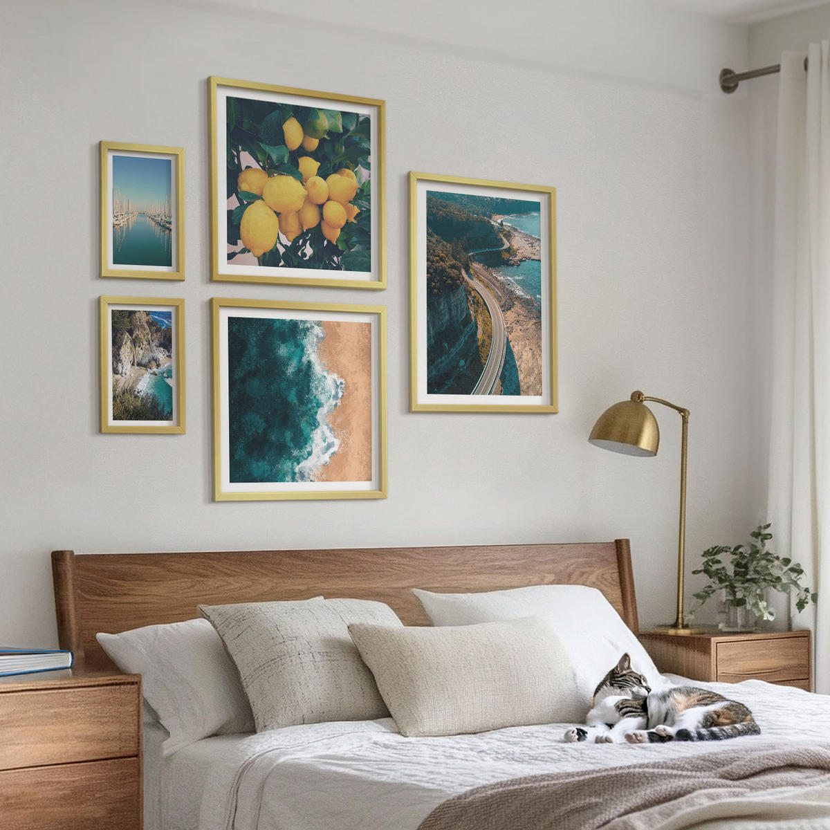 WANDBILDER 5er Set - 50x50 cm & 20x30 cm & 40x60 cm Goldrahmen - Straßen am Meer, ein Meer aus Zitronen - Goldfarben, Kunststoff (40/60cm) - ArtPrintCave
