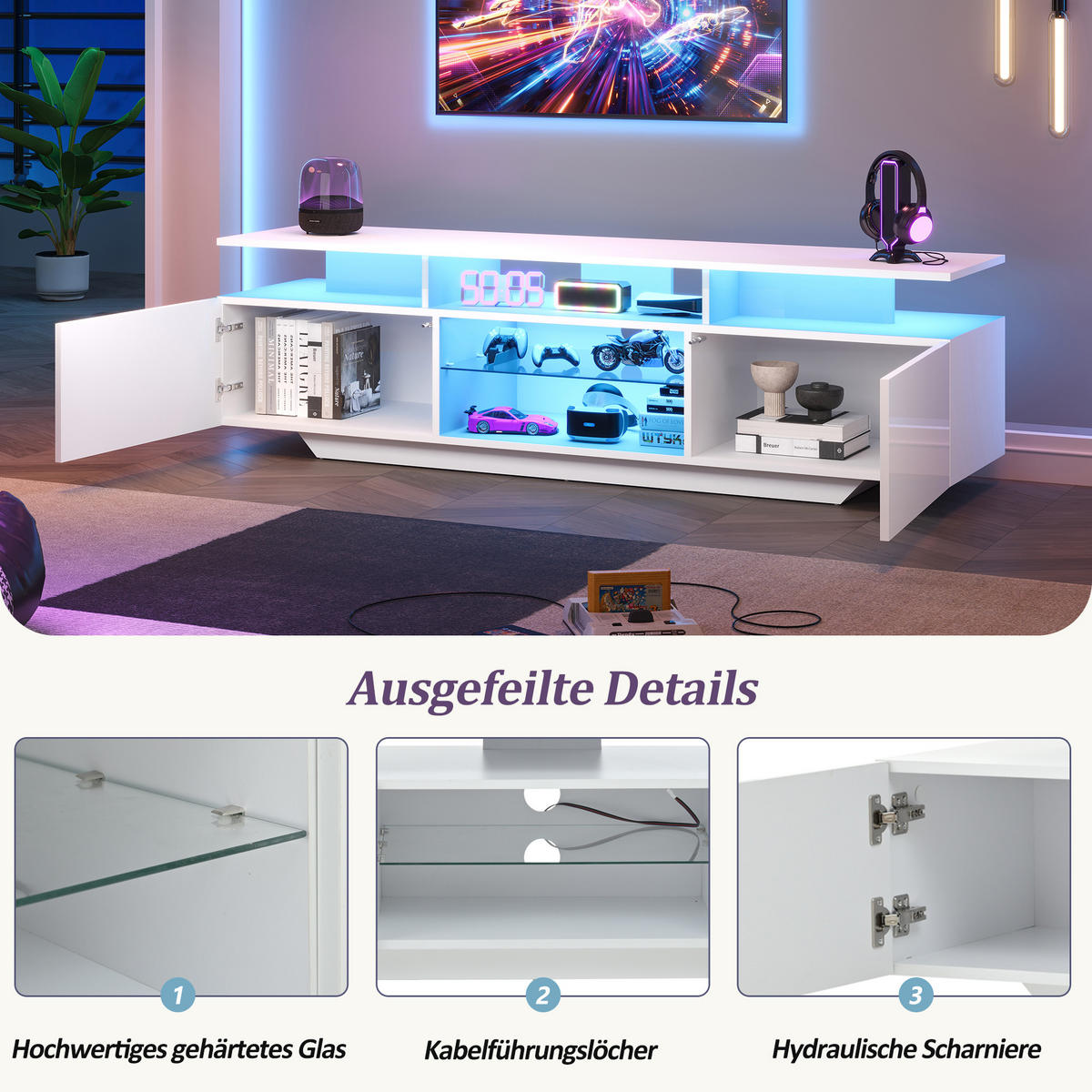 TV-LOWBOARD 160x40x45 cm LED Hochglanz 2 Schränke MDF - Weiß, Holzwerkstoff (40/45/160cm) - FLIEKS