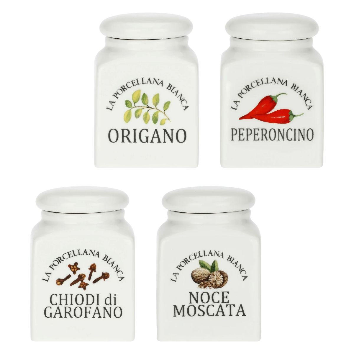 GEWÜRZDOSEN-SET 4-teilig Origano, Peperoncino, Chiodi di Garofano und Noce Moscata 0,175 l - Multicolor, Keramik - La Porcellana Bianca