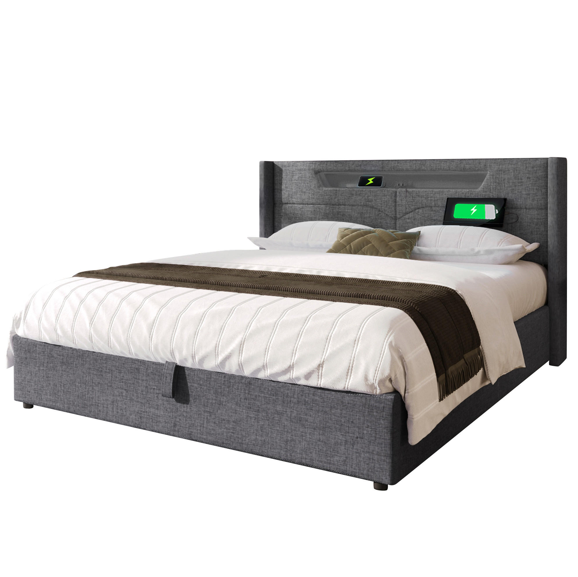 POLSTERBETT aus Leinen 140x200 cm in Grau mit LED & USB/Type-C - Grau, Textil (140/200cm) - Modfu