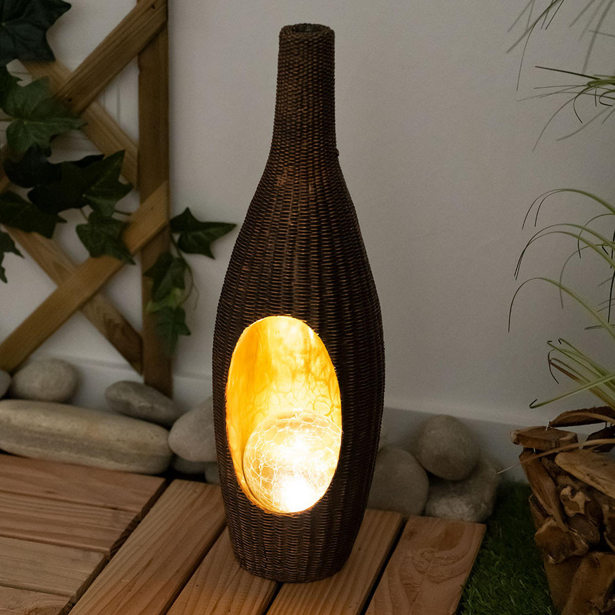 LED AUSSENLEUCHTE Rattan Design Braun Gold - Braun, Glas (14.3/13/45.5cm) - Globo Lighting
