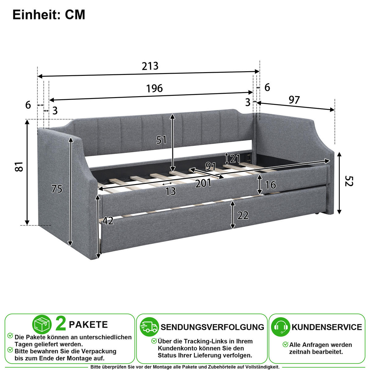 SCHLAFSOFA 90/200 cm & 90/190 cm in Grau mit Rollbett Leinen - Grau, Holzwerkstoff/Textil (90/200cm) - CHICFURN