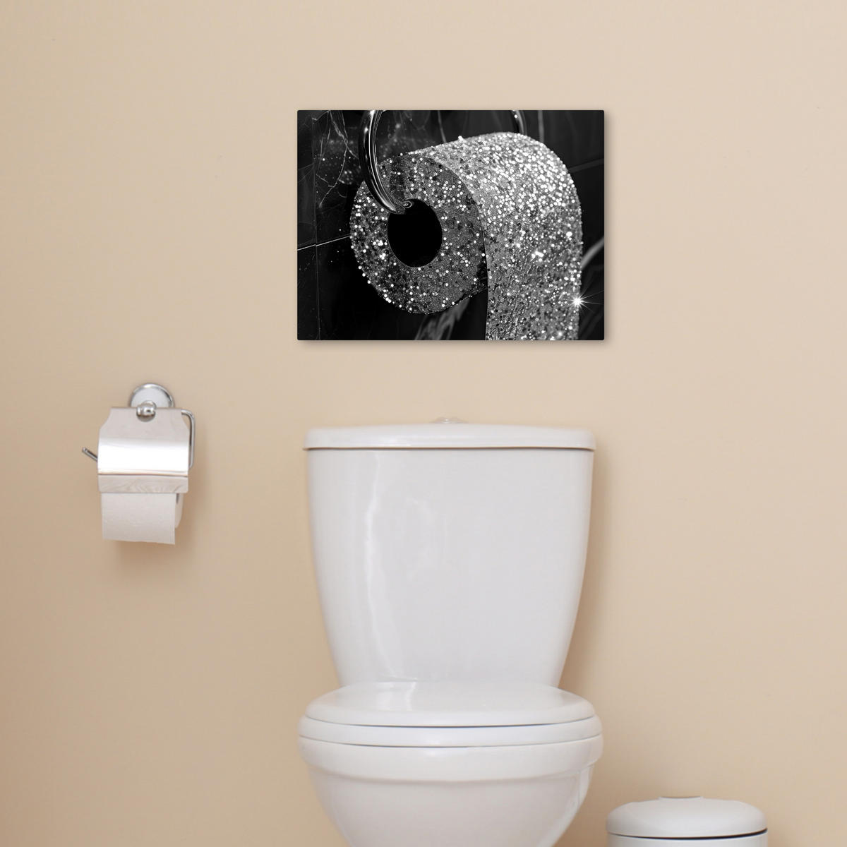 LEINWANDBILD WC - Toilettenpapier - Schwarz und weiß - Badezimmer 40x30 cm - Silberfarben, Textil (40/30cm) - MuchoWow