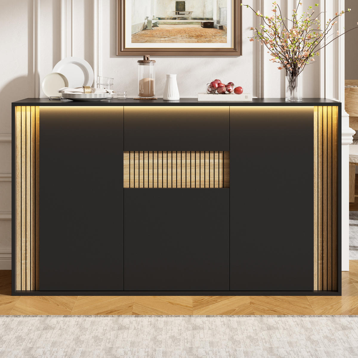 SIDEBOARD 140x40x82cm Schwarz mit LED und 3 Türen - Schwarz/Naturfarben, Holzwerkstoff (140/82/40cm) - FLIEKS