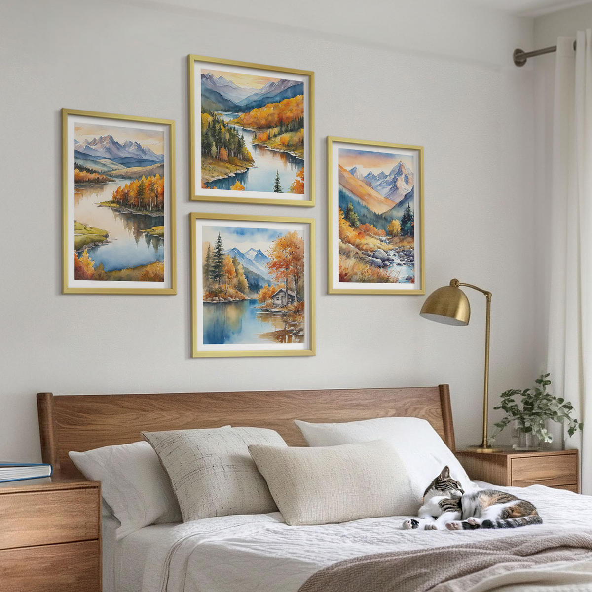 WANDBILDER 4er Set - 50x50 cm & 40x60 cm Goldrahmen - Bergblick, Fluss, Herbst - Goldfarben, Kunststoff (50/50cm) - ArtPrintCave
