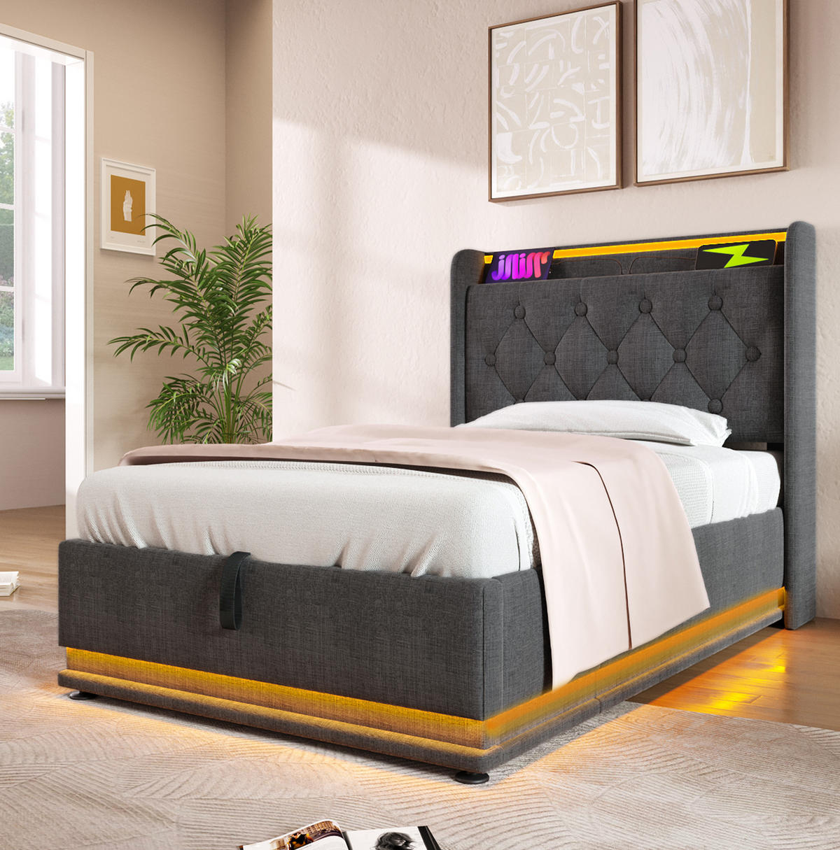 ČALÚNENÁ posteľ, 90/200 cm, sivá, ľanový vzhľad, LED, USB-C, úložný priestor, s matracom - sivá, textil (90/200cm) - BEAOK
