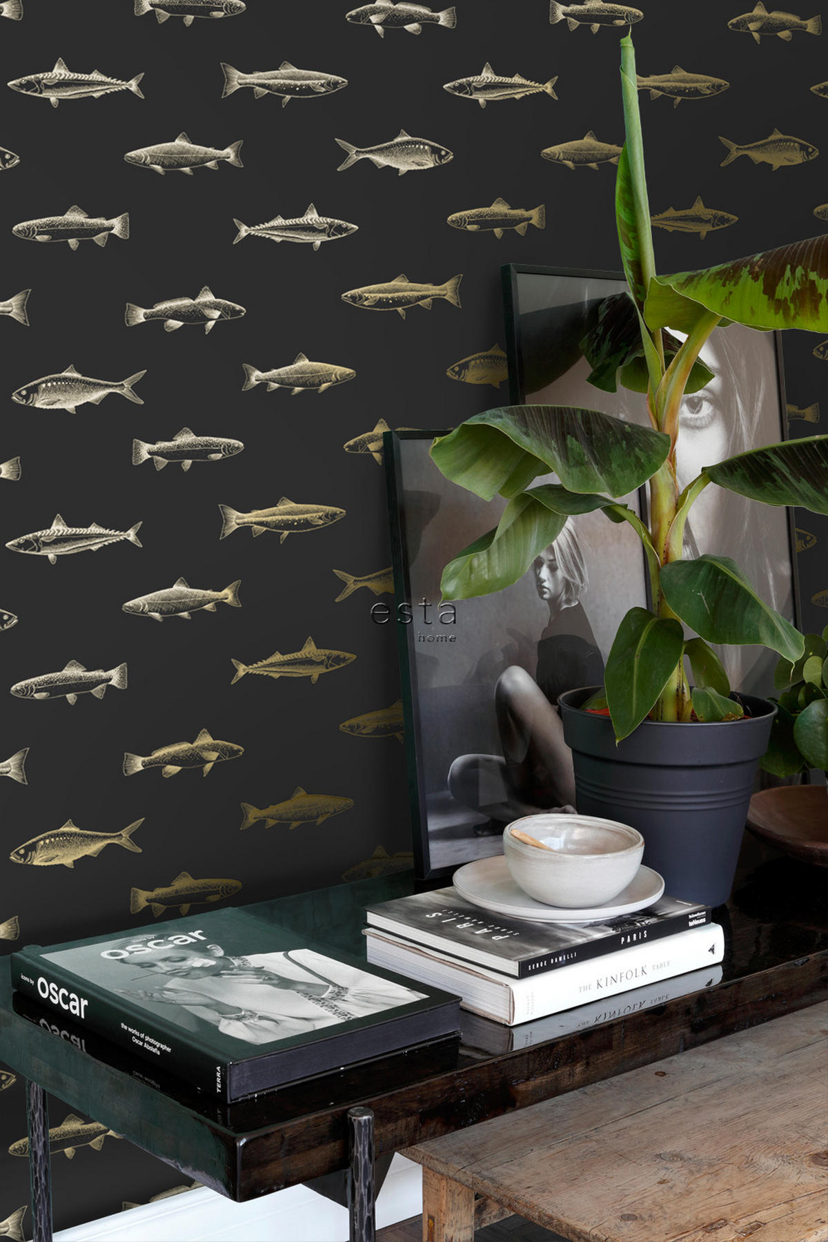 TAPETE Federzeichnung Fisch 53 cm x 10.05 m - Schwarz, Papier (53/1000cm) - ESTAhome