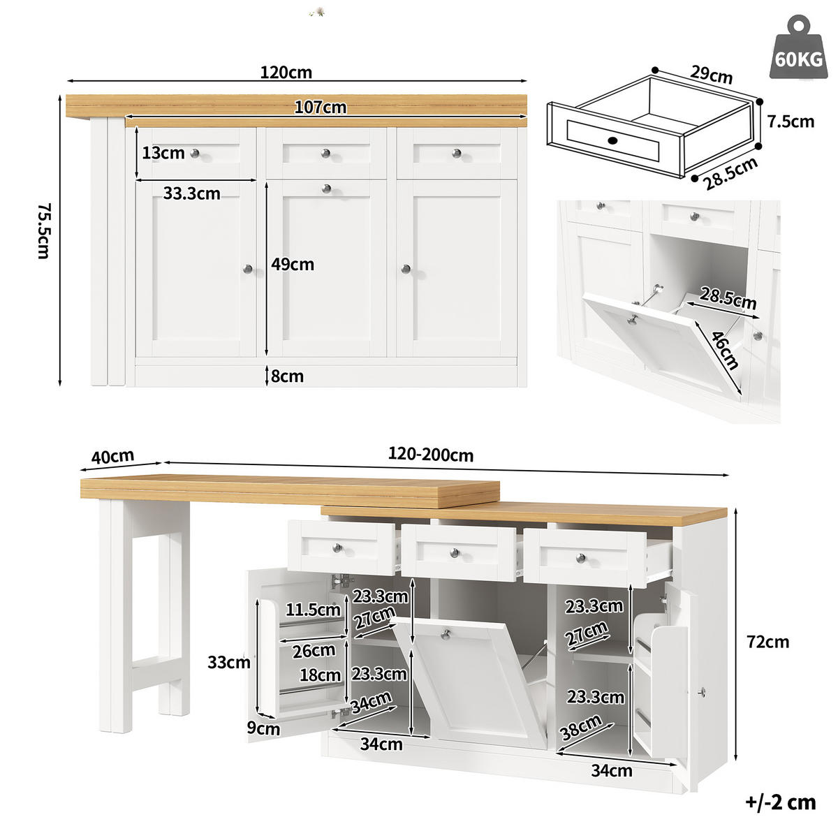 BARTISCH Ausziehbar Klappbar Stauraum Schublade Weiß - Weiß, Holzwerkstoff (40/120/72cm) - FLIEKS