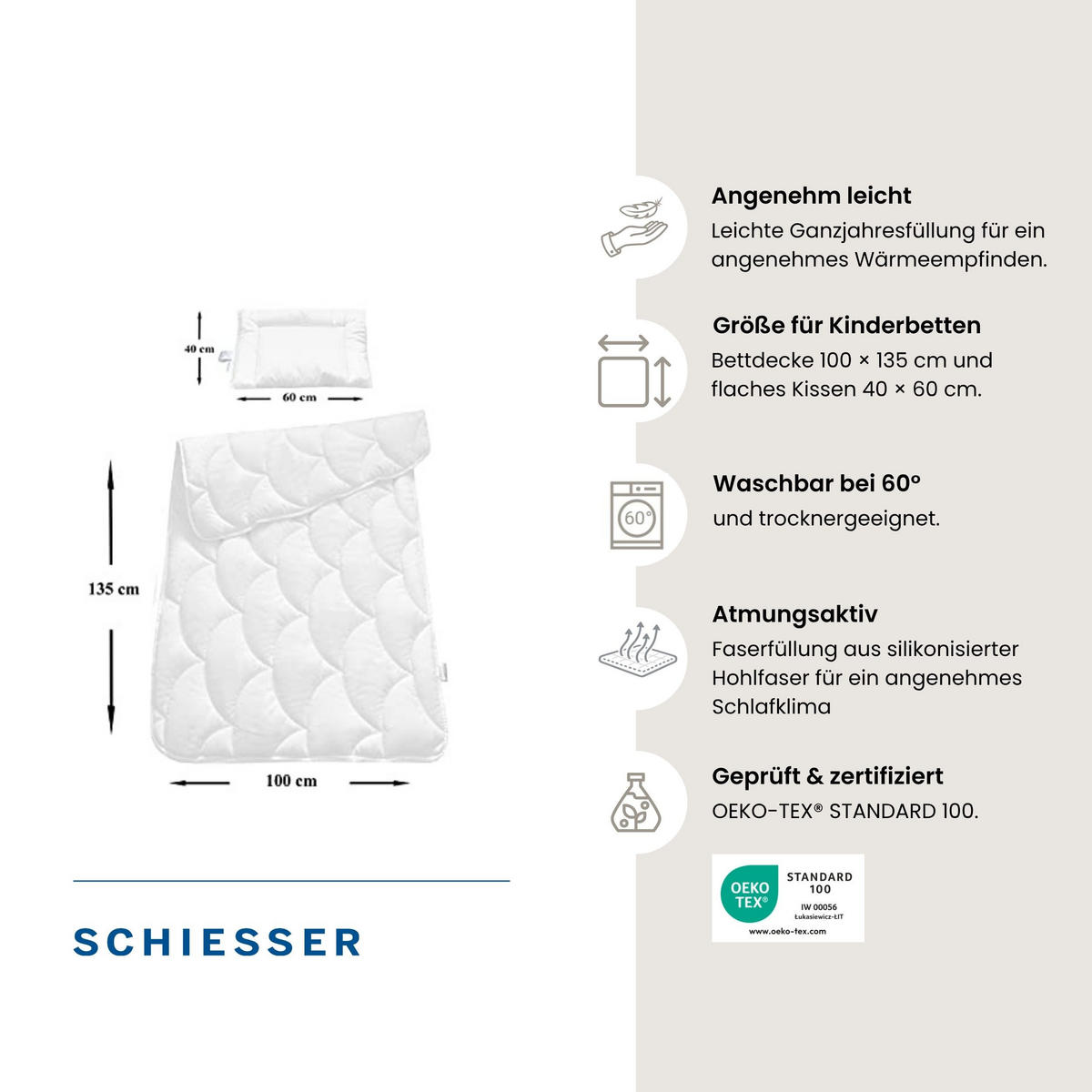 KINDERDECKE mit Kissen Lagom - 2-teilig - 100 x 135 cm - Weiß - Weiß, Textil (100/135cm) - SCHIESSER