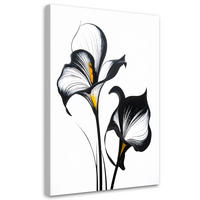 LEINWANDBILD, Minimalistische schwarz-weiße Blumen mit gelben Akzenten - Weiß, Textil (70/100cm) - Feeby