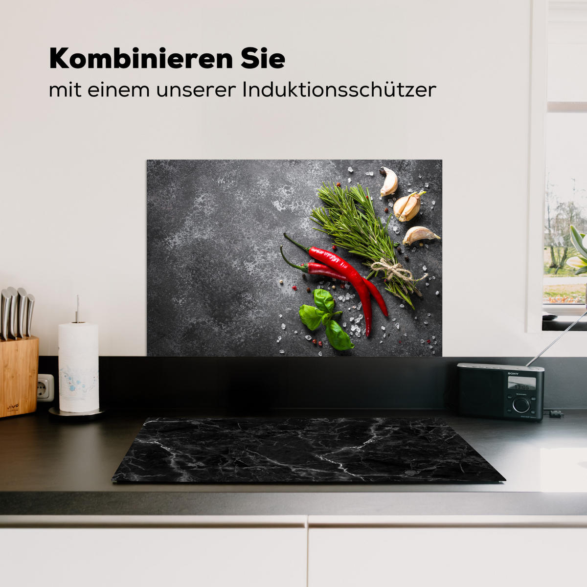 SPRITZSCHUTZ KÜCHE Pfeffer - Kräuter - Gewürze - Beton 60x40 cm - Rot, Metall (60/0.3/40cm) - MuchoWow