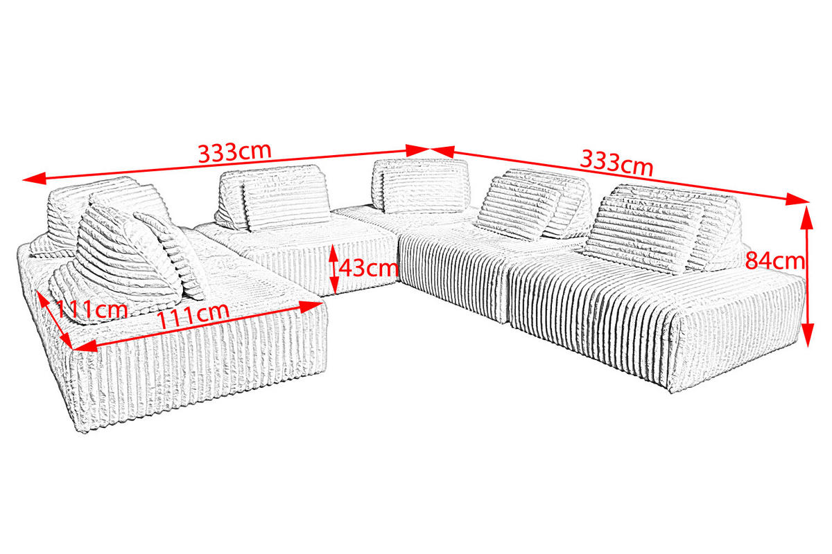 MODULSOFA WIOLO SOFT 6 MODULE 6 KISSEN Grau Cord - Schwarz/Grau, Kunststoff/Textil (333/84/333cm) - KAWOLA