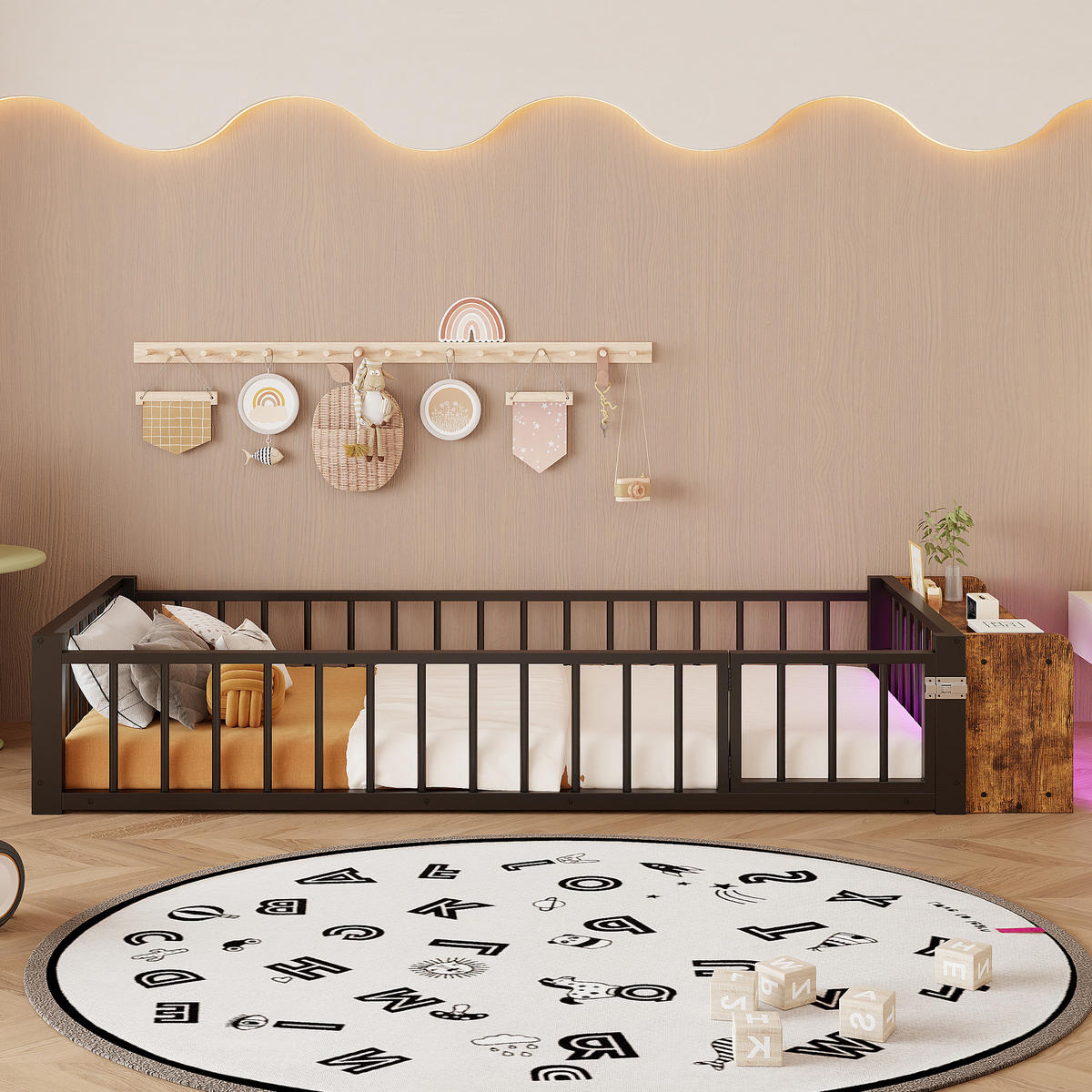 METALLBETT 90x200 cm LED Schubladen schwarz - Schwarz, Holzwerkstoff (90/200cm) - LEBENLANG