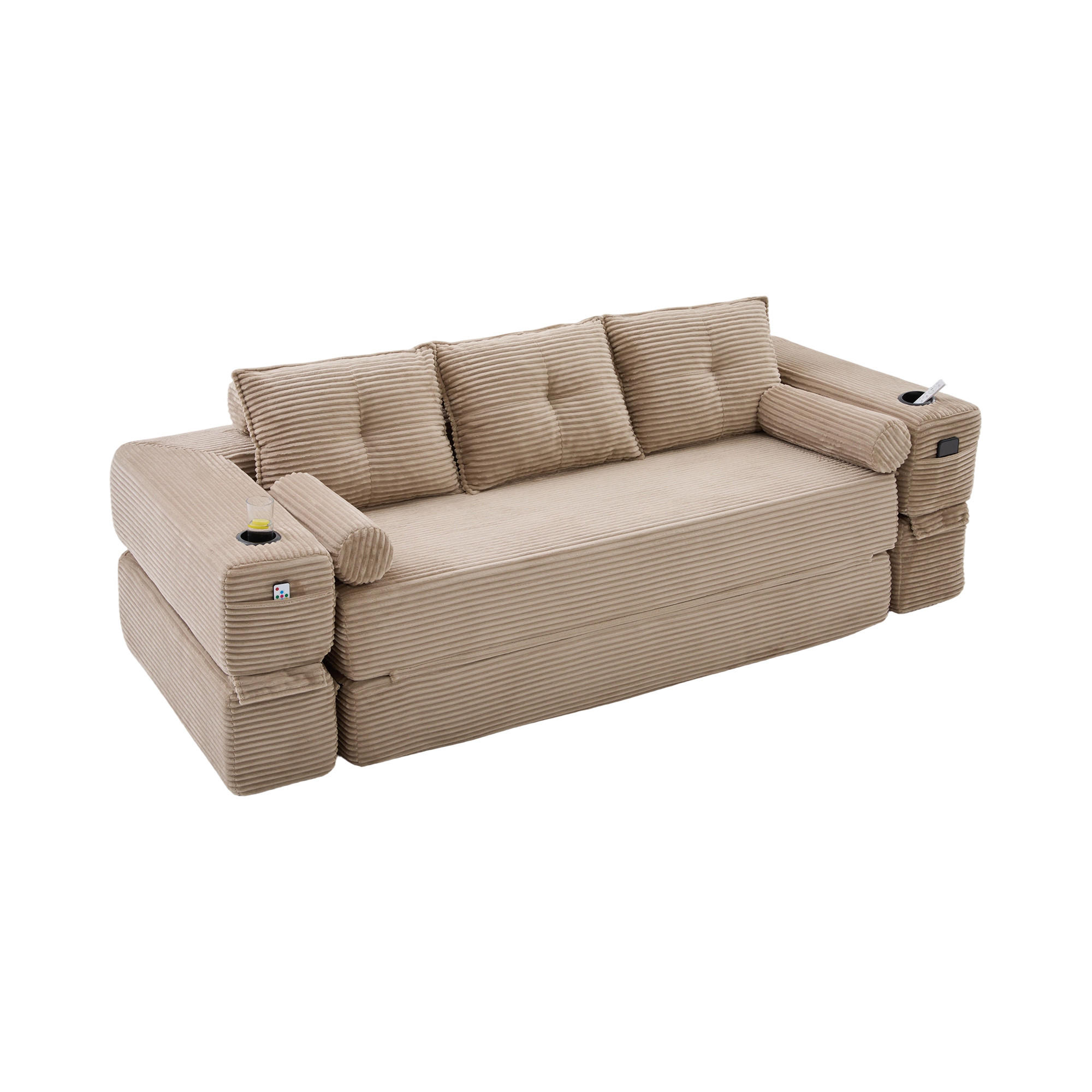 SOFA mit Schlaffunktion 232 x 98 x 80 cm Cord Khaki - Hellbraun, Kunststoff (98/80/232cm) - Meubliv
