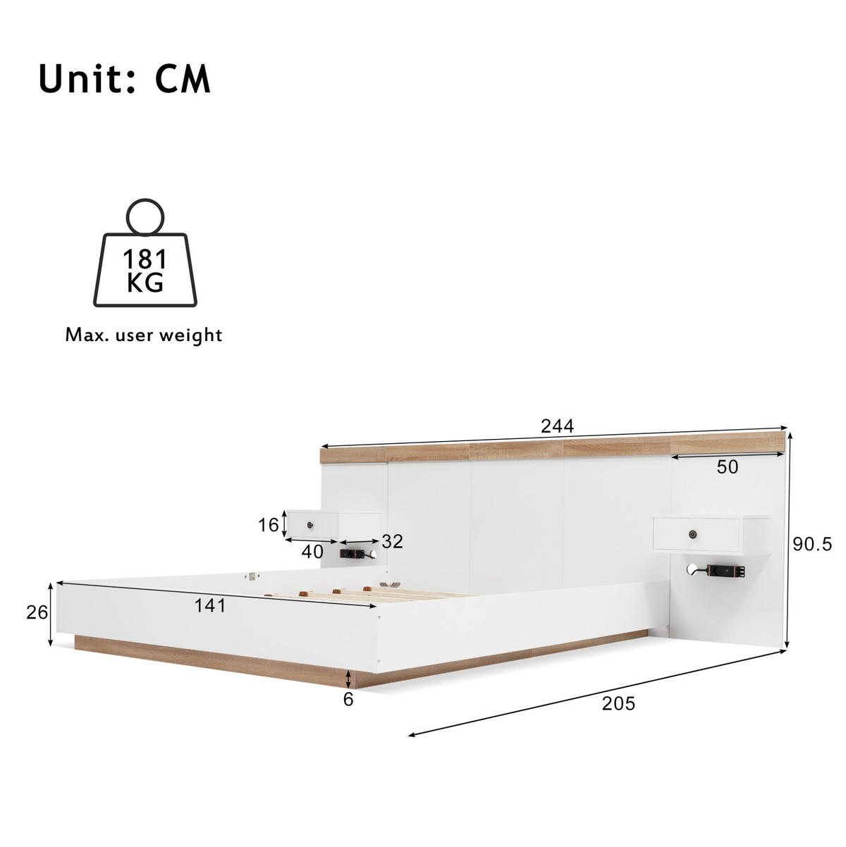 DOPPELBETT 140/200 cm Weiß aus Holzwerkstoff mit LED-Nachttischen und USB-C - Weiß, Holzwerkstoff (140/200cm) - OKWISH
