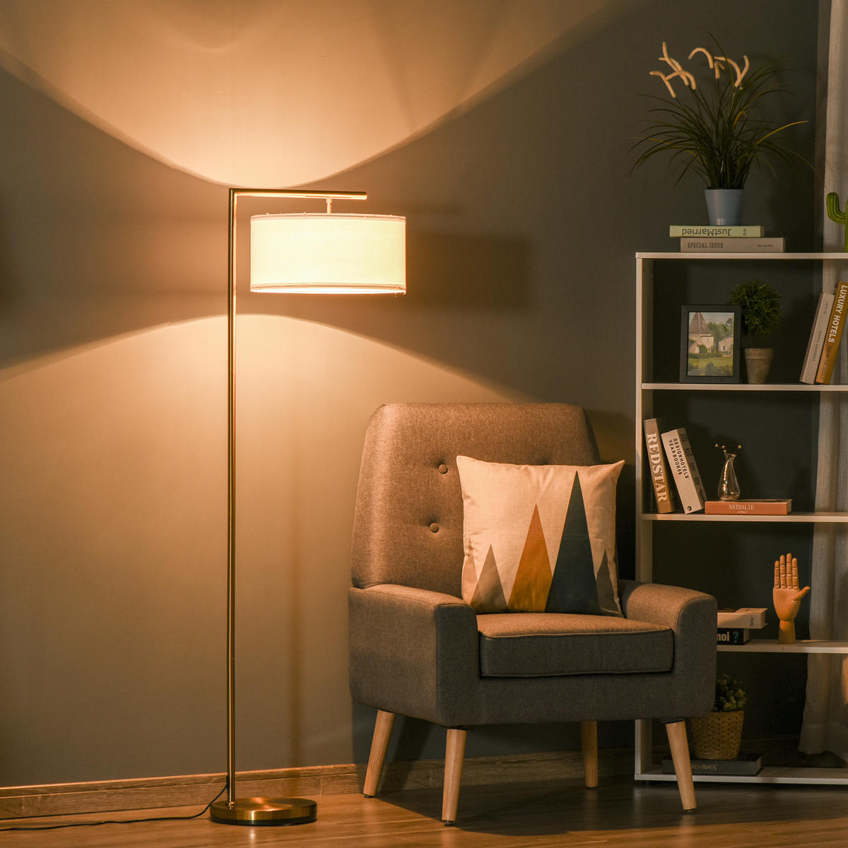 STEHLAMPE Stehleuchte E27 Sockel für Wohnzimmer Stahl Stoffschirm Goldoptik - Multicolor, Metall (47/37/153cm) - HOMCOM