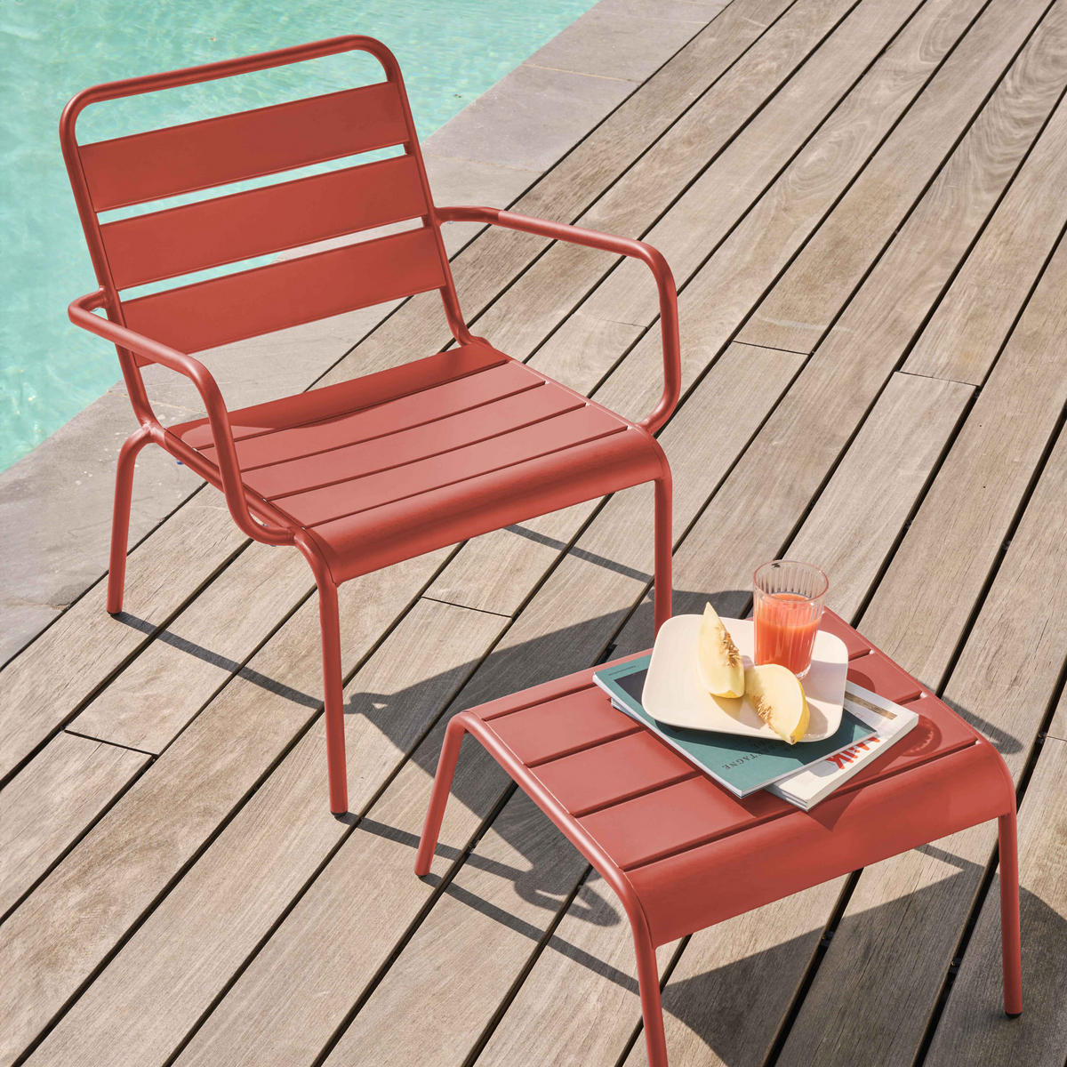 RELAXSESSEL MIT HOCKER, Lehm - Pink, Metall (64/72/60cm) - Oviala