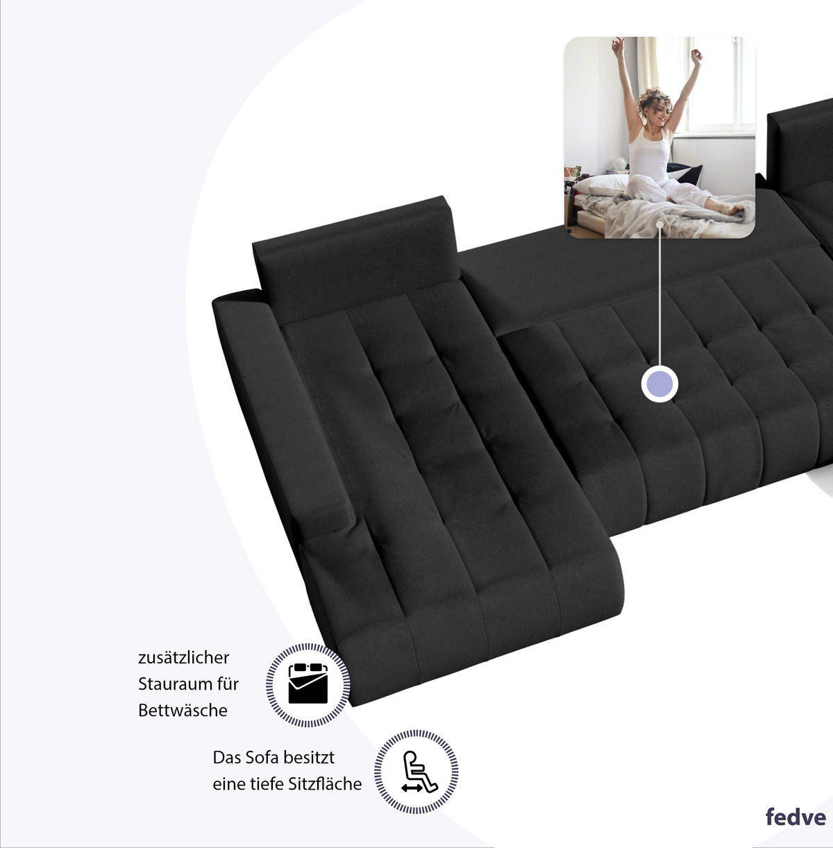 WOHNLANDSCHAFT mit Schlaffunktion Dhaka U, Schwarz - Schwarz, Textil (185/85/350cm) - Fedve