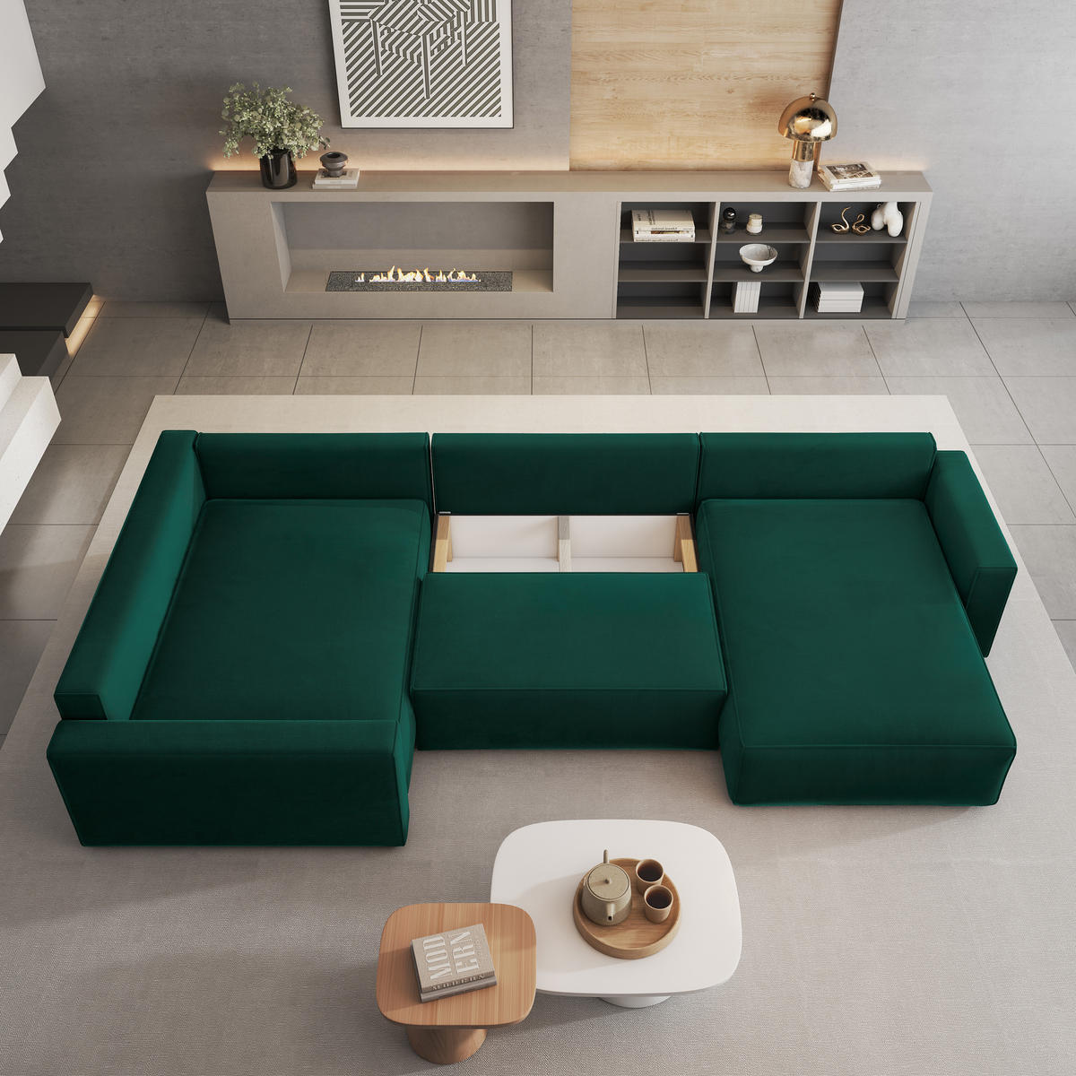 WOHNLANDSCHAFT VELAMI L-S Grün Velours-Stoff mit Schlaffunktion - Grün, Holz (365/83/194cm) - MASSENO