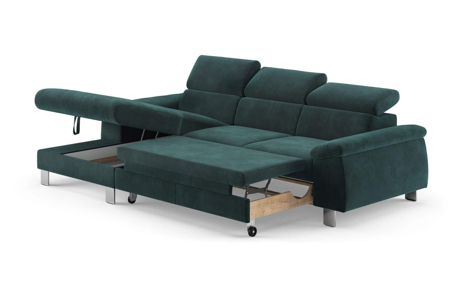 ECKSCHLAFSOFA mit Bettkasten – Cord-Stoff - Chromfarben/Salbeigrün, Holz/Textil (244/166cm) - Cotta