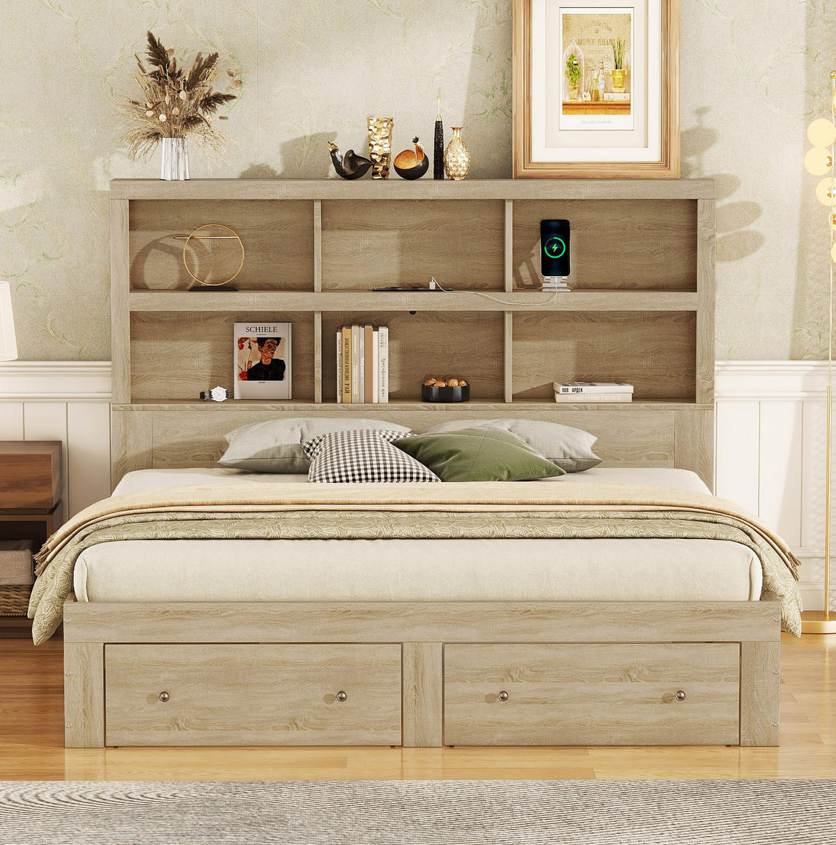 DOPPELBETT 160/200 cm Natur Kingsize-Plattformbett mit Stauraum und USB-Ladeanschluss - Naturfarben, Holzwerkstoff (160/200cm) - OKWISH