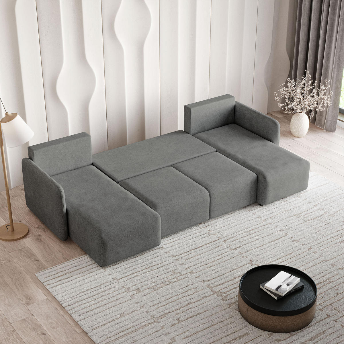 WOHNLANDSCHAFT NUBERO Grau Geflochtener Stoff mit Schlaffunktion - Grau, Holz (285/85/143cm) - MASSENO