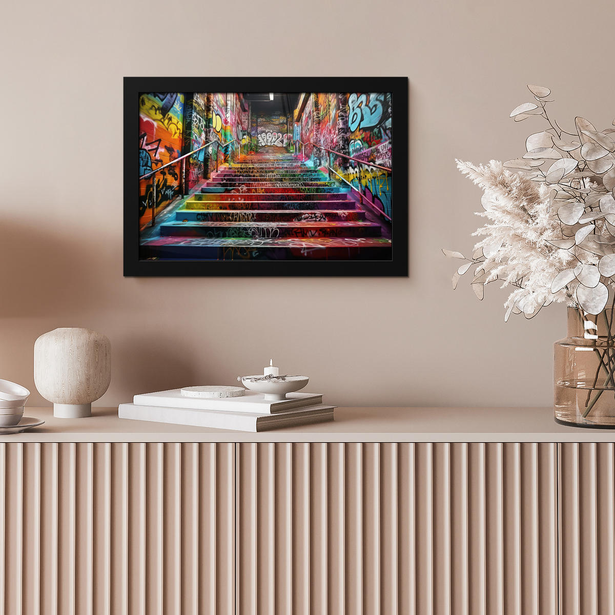 POSTER MIT RAHMEN Treppe - Graffiti - Farben - Kunst 30x20 cm - Multicolor, Papier (30/20cm) - MuchoWow