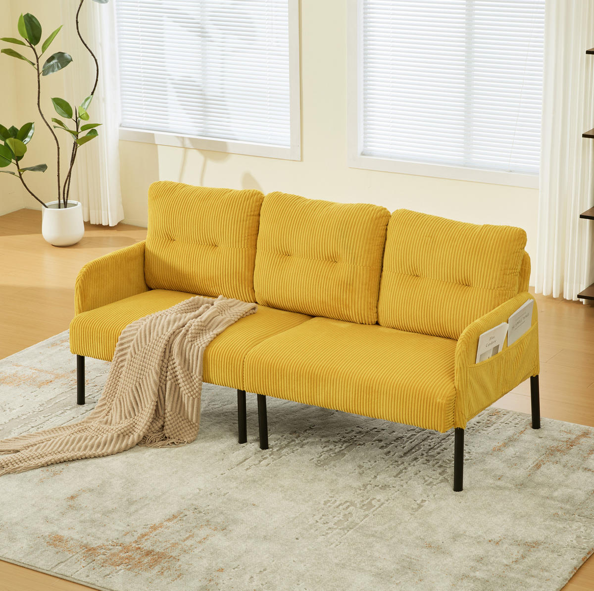 3-SITZER-SOFA 171/72/80 cm aus Cord mit Seitentasche Gelb - Gelb, Textil (72/80/171cm) - Modenvie