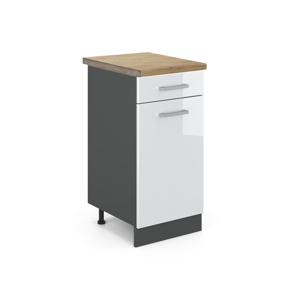 KÜCHENUNTERSCHRANK R-Line Weiß Hochglanz 40 cm, AP Eiche - Weiß Hochglanz/Anthrazit, Holzwerkstoff (40/81.6/60cm) - Vicco