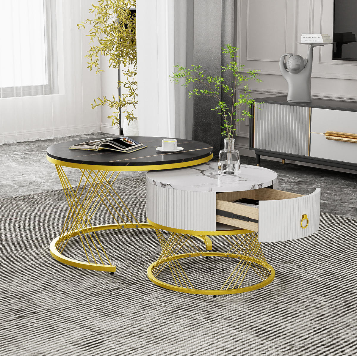 COUCHTISCH 70/70/45+50/50/40 cm schwarz aus MDF mit Marmoroptik und Schublade - Schwarz, Holzwerkstoff (70/70/45cm) - OKMYHOME