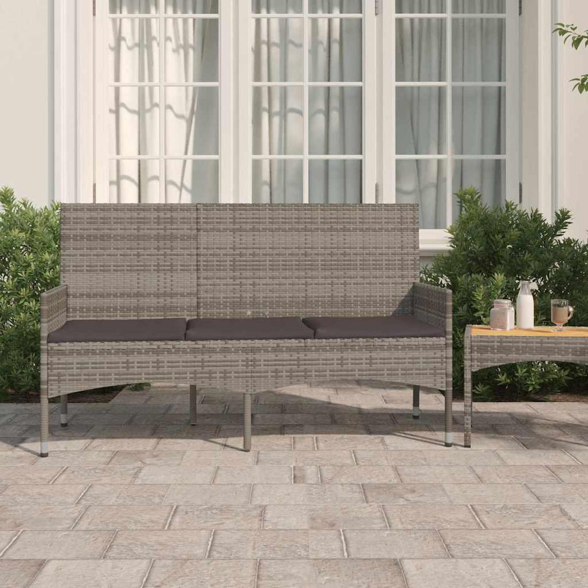 GARTENBANK 3-Sitzer mit Kissen Grau Poly Rattan - Grau, Kunststoff (140/85/51cm) - furnicato