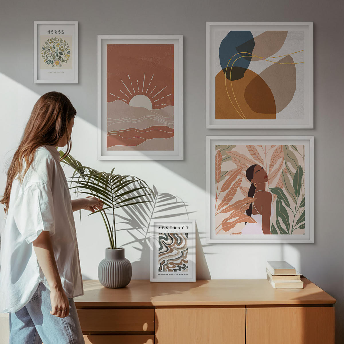 BILDER SET 5er Set - 50x50 cm & 20x30 cm & 40x60 cm Weißer Rahmen - Boho-Ästhetik, Pastellposter - Weiß, Kunststoff (40/60cm) - TULUP