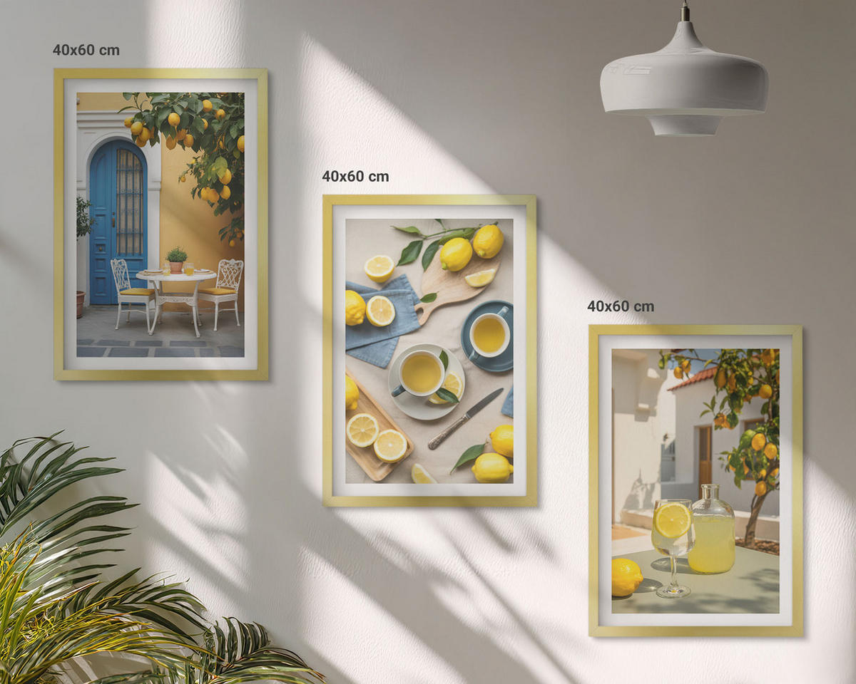 WANDBILDER 3er Set - 40x60 cm Goldrahmen - Zitronenlimonade blaue Tür - Goldfarben, Kunststoff (40/60cm) - ArtPrintCave