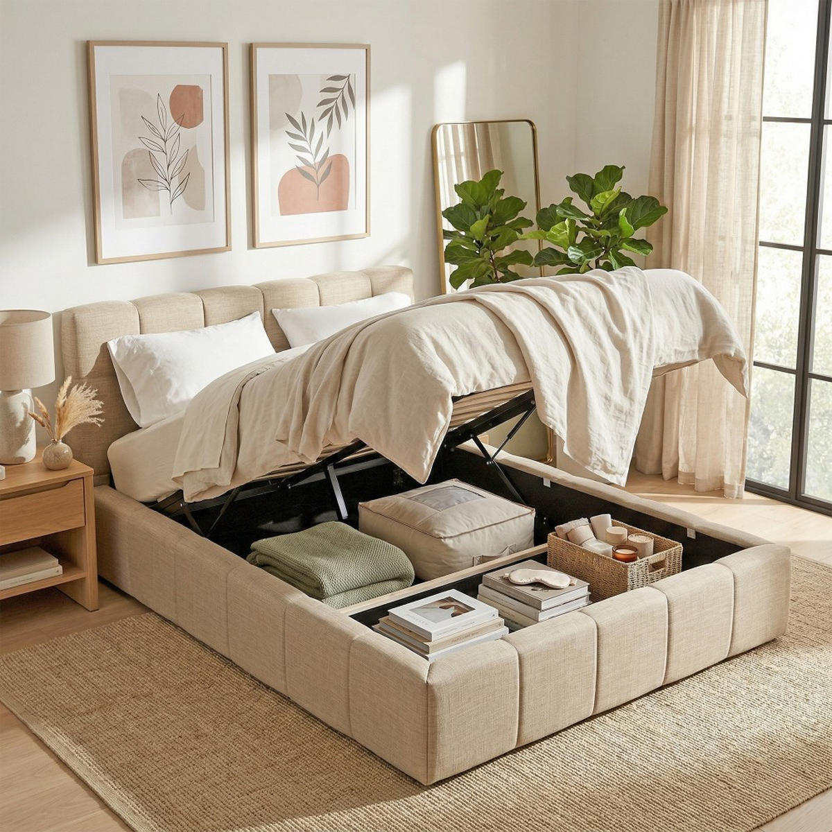 BETT ELIAS / 180x200 cm mit Bettkasten, Beige - Beige, Holzwerkstoff (180/200cm) - Weber Industries