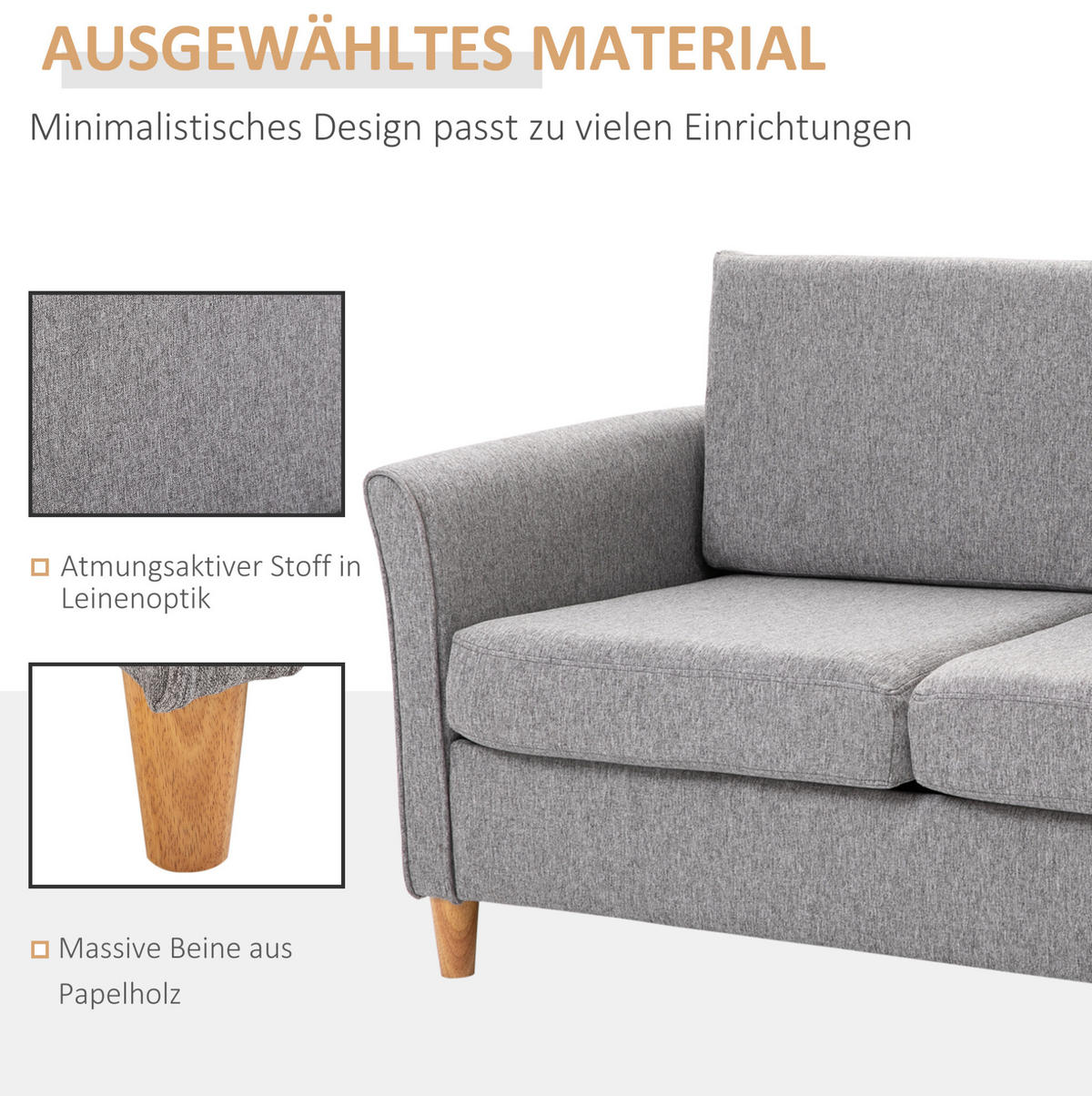 SOFA 141/65/78 cm in Hellgrau aus Leinen mit abnehmbaren Bezügen - Hellgrau, Textil (70/78/141cm) - Flora Grace