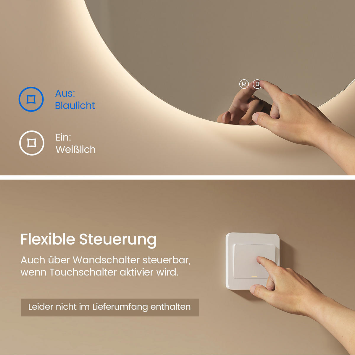 BADSPIEGEL rund mit Beleuchtung rahmenlos Ø50 cm - Weiß, Glas (50/3/50cm) - EMKE