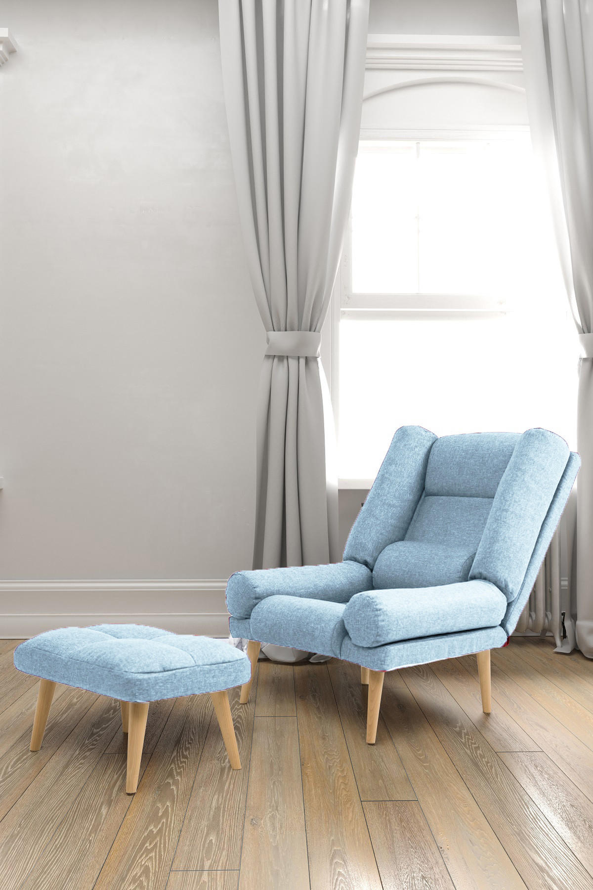 SESSEL Lola mit Fußhocker Rückenlehne 5-stufig einstellbar, hellblau - Türkis, Holz/Kunststoff (75/100/60cm) - Margaret Hadas24